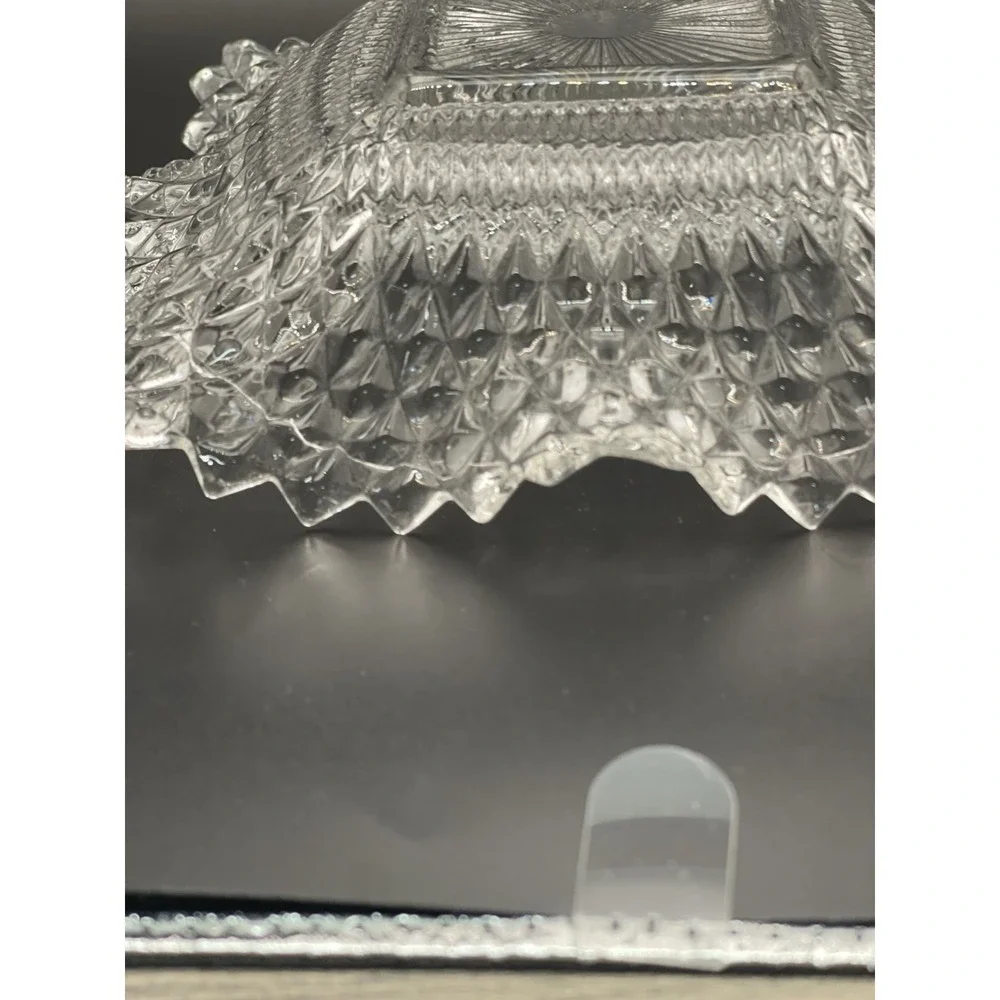 Diamond Point Square Glass‎ Bowl Clear Sunburst Center 7 Inch
